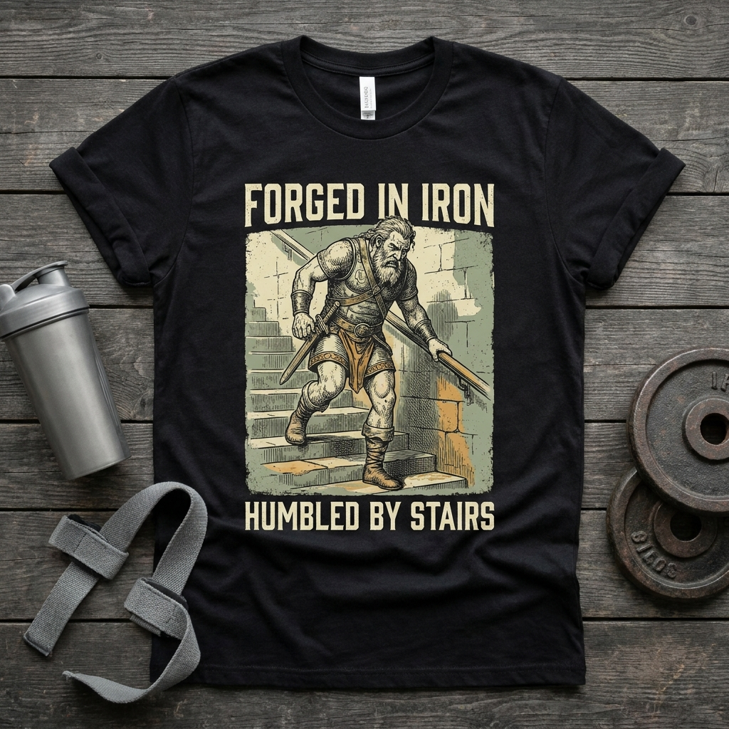 Forged in Iron, Humbled by Stairs t-shirt